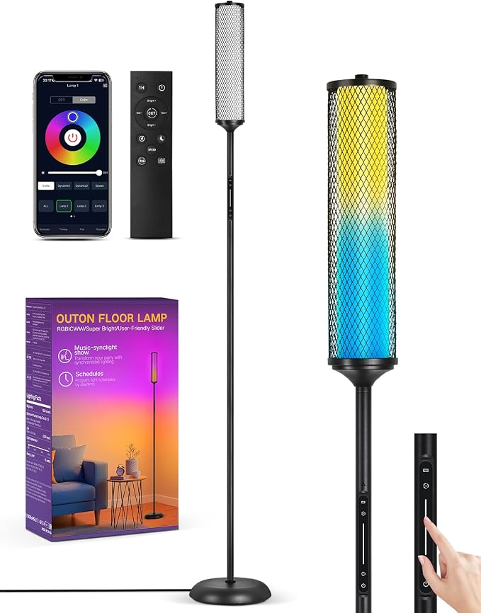 OUTON LED Floor Lamp with Remote & APP Control, Tall Standing Lamp, 16 Million Colors, 32 Scene Modes & Music Sync, Modern Corner Lamps for Living Room, Bedroom, Gaming, Black & Metal Lampshade