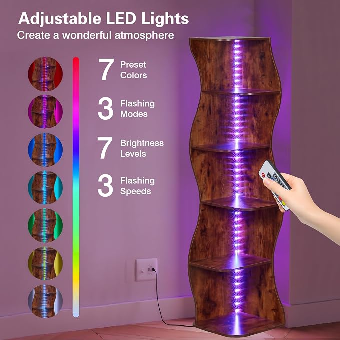 VECELO 6-Tier Wave Corner Bookcase with LED Lights, 90° Right-Angle Tall Narrow Bookshelf, Wooden Corner Display Stand Storage Shelf for Small Spaces, Living Room, Bedroom, Home Office (Brown)