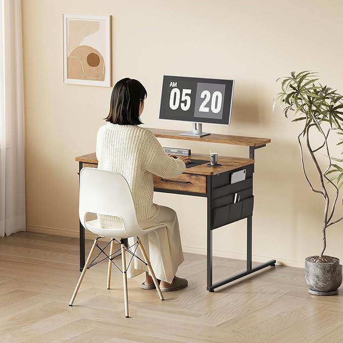 Small Desk with Drawers, 31.5X15.8-22.9 Inches Office Computer Desk with Side Pocket & Ergonomic Monitor Stand, Writing Table for Small Spaces, Bedroom, Kids Desk, Vanity Desk, Rustic Brown