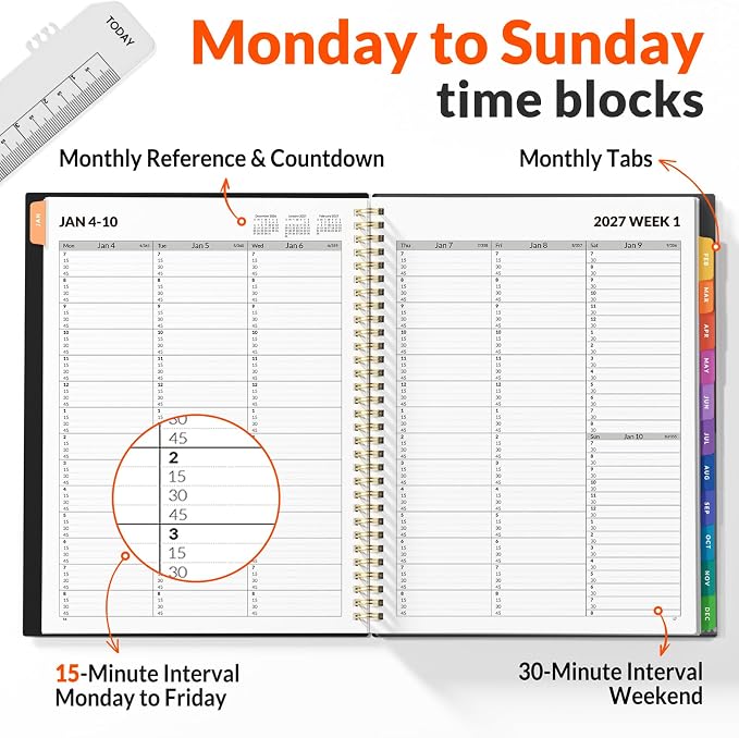 SUNEE 2027 Appointment Book, Quarter-Hourly,Weekly Planner, 8.5"x11", Black