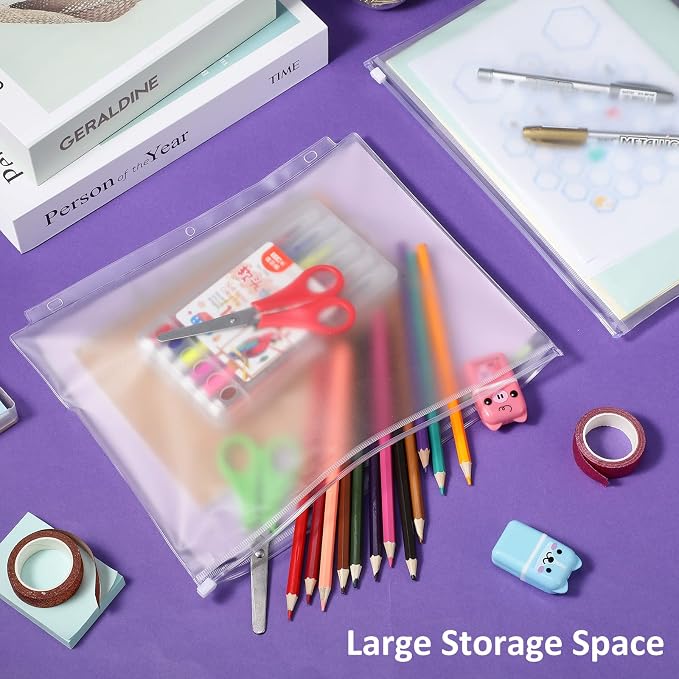 Zonon 30 Pcs A4 3 Rings Tansparent Zipper Binder Pouches Clear Binder Pockets with Zipper Folders Waterproof PVC Loose Leaf Bags Filling Bags for Pen Pencil Notebooks File Document