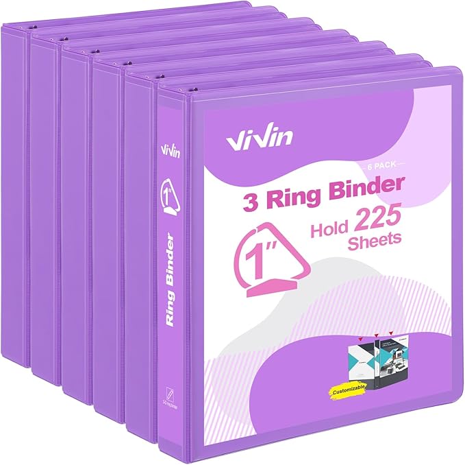 ViVin Sturdy 1 Inch D Ring Binders with 2 Pockets, 6 Pack, Purple | 3 Ring Binders with Clear View Cover, Hold 225 Sheets of US Letter Size Paper, PVC-Free for Office, Home, School
