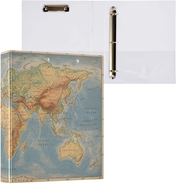 3 Ring Binder Retro World Map Continents 1.5 inch Binders Three Ring Binders with Clipboard Fit 8.5'' x 11'' Paper 3 Interior PVC Clear Pockets for Office Supplies