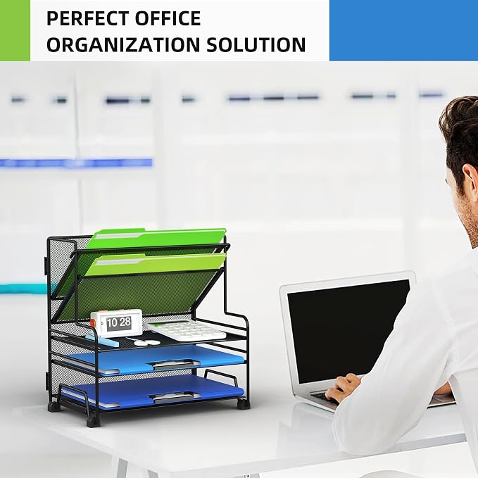 MINDEPOT 4-Tier Paper Organizer + 3-Pocket File Holder, Desktop File Organizers Paper Tray for Office School Classroom Workspace Organization (Black Desk Organizer, No Drawer & No Pen Holder)