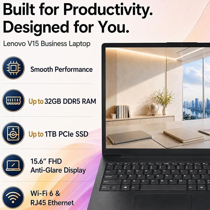 Lenovo V15 Ultra Slim College Student Laptop | 15.6" Anti-Glare FHD Display | Powerful Intel Quad-Core Processor | 8GB DDR5 RAM | 512GB SSD | Wi-Fi 6, Ethernet, HDMI, All-Day Battery | Windows 11 Pro