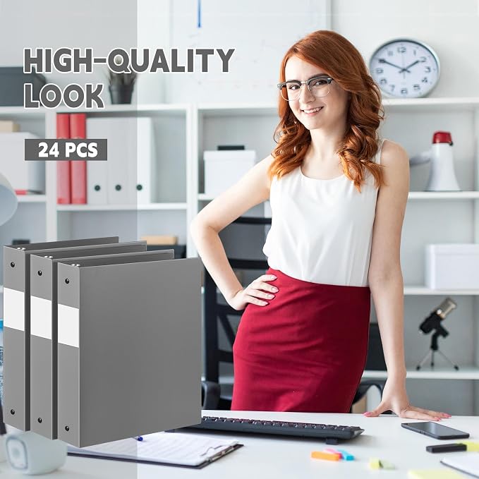 Henoyso 24 Pcs 1.5 Inch 3 Ring Binders, Letter Size,Gray | Binders Bulk, Holds 350 Sheets, Round Rings, Durable Flexible PP Plastic Covers, Pockets Labels, School Office Supplies