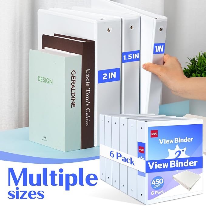 deli 2-inch 3 Ring Binder 6 Pack,11" x 8.5" US Letter Size,White | 2 inch Binders with 2 Interior Pockets, 450 Sheets Capacity