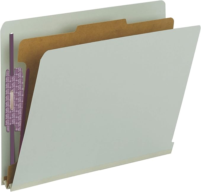 Smead End Tab Pressboard Classification File Folder with SafeSHIELD® Fasteners, 1 Divider, Gray/Green, Letter Size, 10 per Box (26800)