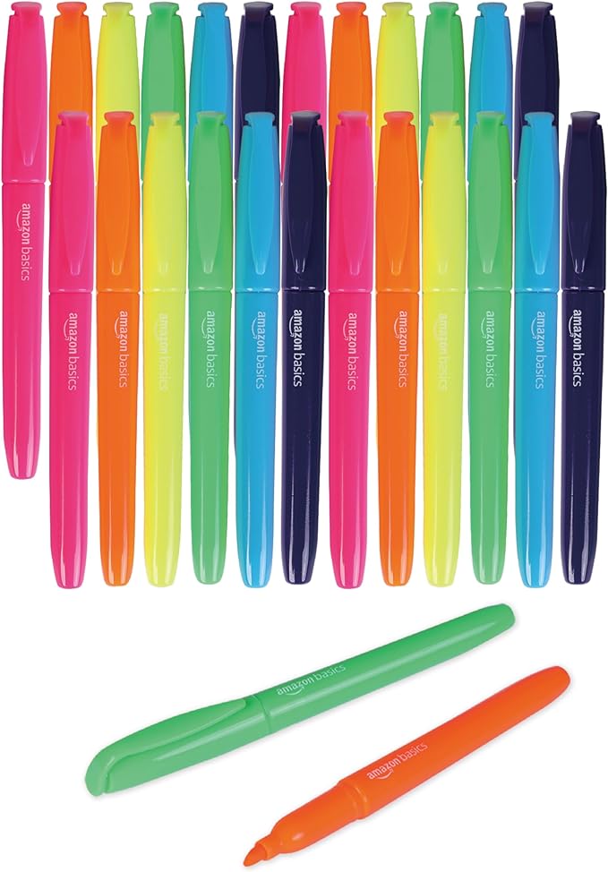 Amazon Basics Highlighters, Fluorescent Ink, Chisel Tip, School Supplies, 24 Pack, Multicolor