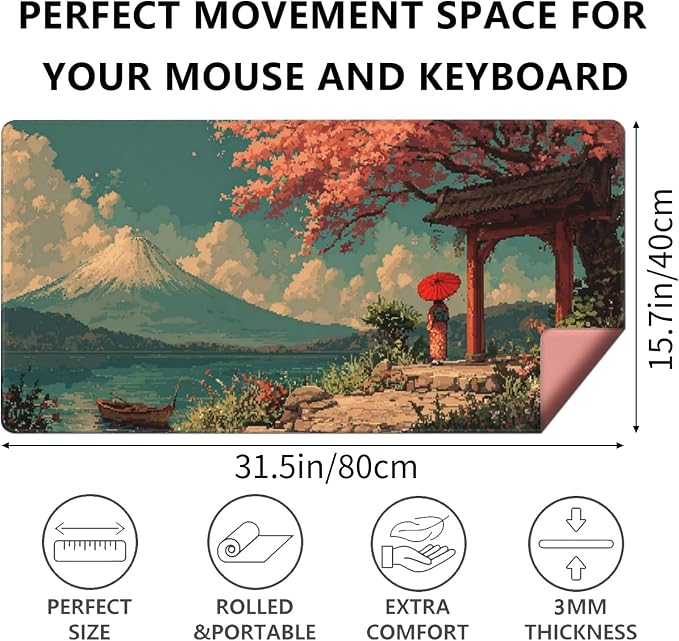 31.5x15.7 Inch Cherry Blossom Japanese Mouse Pad, Large Extended Desk Mat | Pink Double-Sided Design with Stitched Edges, Waterproof Non-Slip Keyboard Mouse Pad for Gaming, Office & Laptop Setup