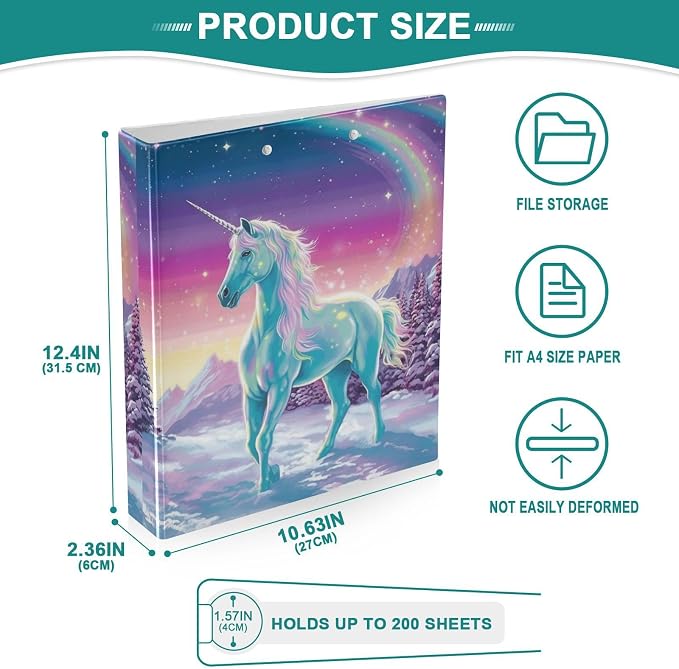 3 Ring Binder, Rainbow Fairy Unicorn File Folder Holds 200 Sheets File Storage for Women Men School Office Supplie