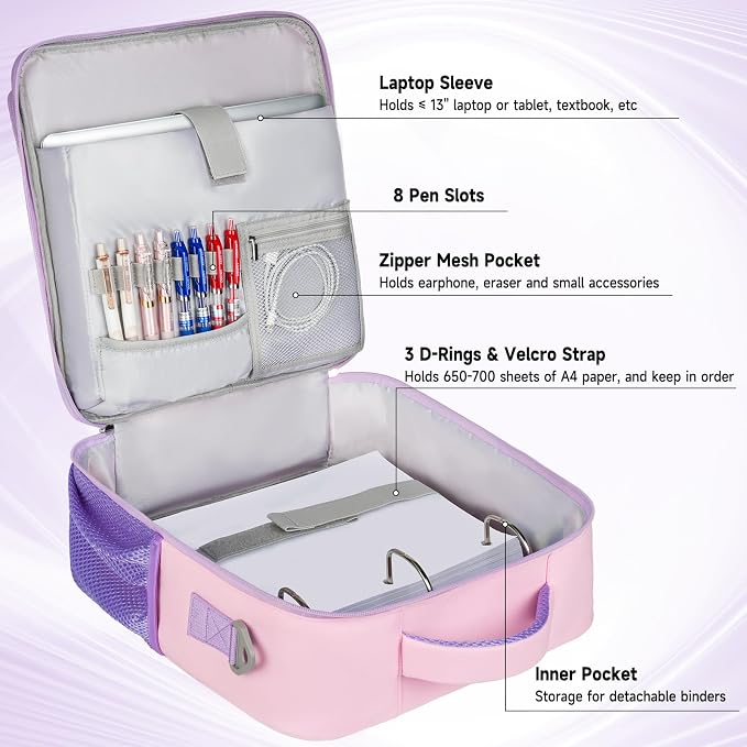 Zipper Binder Bag 3 Ring 3 Inch, 700 Sheets Capacity Binder Organizer with Detachable Backpack Straps & Shoulder Strap, Portable File Storage Case for College Office Travel, Pink&Purple