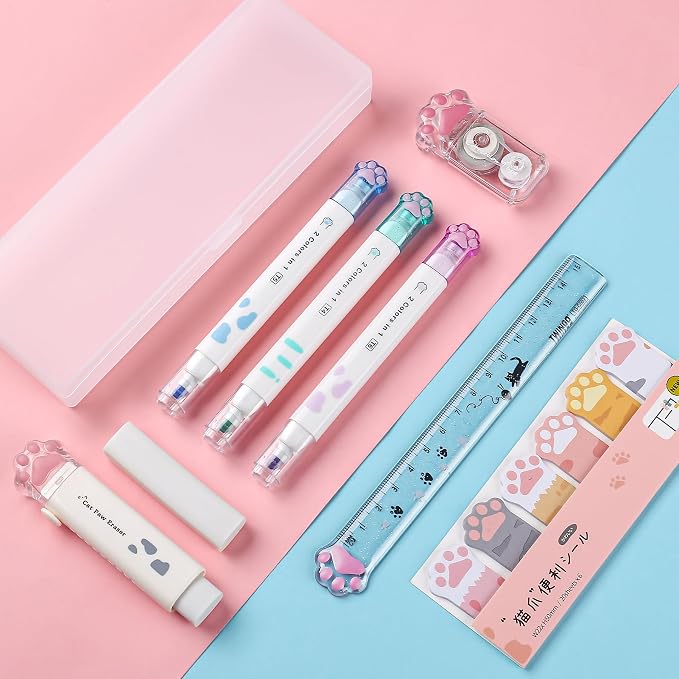 8 Pcs Cute Cat Paw Stationery Set Kawaii School Office Supplies Including Eraser Correction Tape Highlighters Sticky Notes Ruler for Cat Lovers Students (White)
