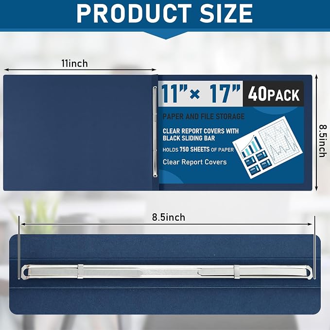 Resurhang 40 Pcs Pressboard Report Cover, 3" Capacity Presentation Binder Folder with Metal Prong Paper Fastener to Neatly Bind Reports Proposals Transcripts, Other Documents (11x17 Inch,Blue)