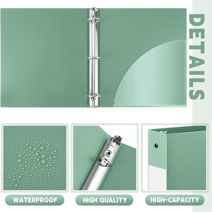 Henoyso 12 Pcs 1.5 Inch 3 Ring Binders, Letter Size,Sage Green | Binders Bulk, Holds 350 Sheets, Round Rings, Durable Flexible PP Plastic Covers, Pockets Labels, School Office Supplies