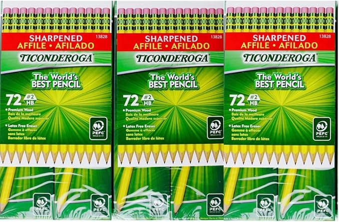 Ticonderoga Sharpened #2 HB Premium Wood Pencils, Latex-Free Eraser, 3-Pack, 216-Count