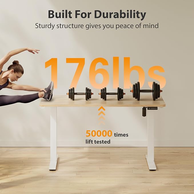 Cubiker Standing Desk, 63x28 Inches Sit Stand Home Office Desk, Electric Stand up Desk, Adjustable Desk with Splice Board, White Frame/Maple Top