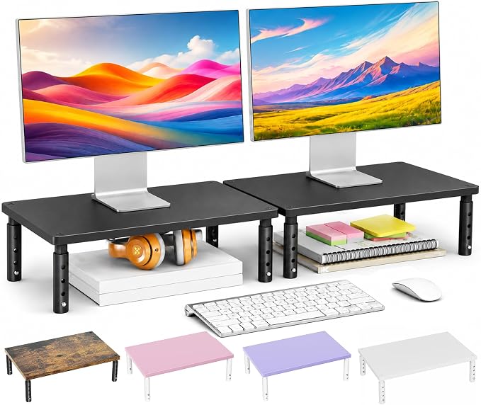 Adjustable Monitor Stand Riser for Desk, Wood Computer & Laptop Stand, Desk Organizers and Accessories, Office Desk Accessories & Workspace Organizer for Home Office Supplies, Black 2-Pack