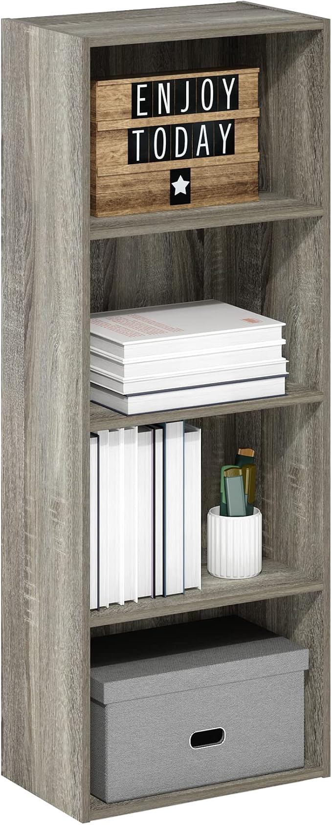Furinno LUDER 4-Tier Book Shelf, Open Shelves Bookshelf, French Oak | 9 x 15.6 x 41.7, Closed Back, Modern Bookcase, for Living Room, Bedroom, Home Office