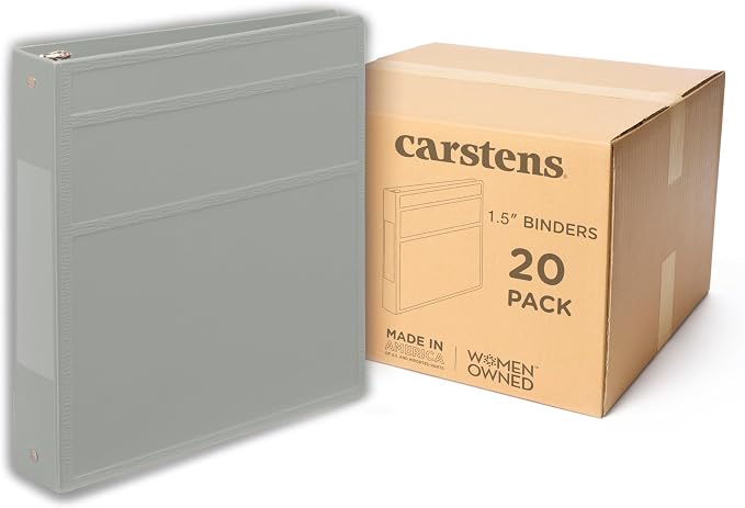 Carstens 1.5-Inch Heavy Duty 3-Ring Binder - Side Opening, Ash Gray, Durable Plastic, No-Gap Rings, Waterproof Cover, No Pockets, Holds 250 Letter Sheets, BPA-Free, Made in USA (2020-3R), Case of 20