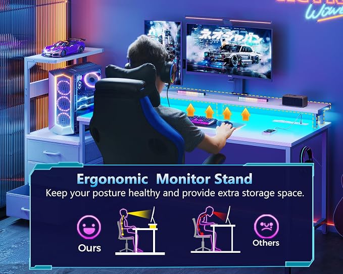 AODK 52 Inch Gaming Desk with USB Charging Ports & LED Light- Reversible Computer Desk with Storage Shelves & Monitor Stand, Modern Gamer Desk Table with Fabric Drawers, White