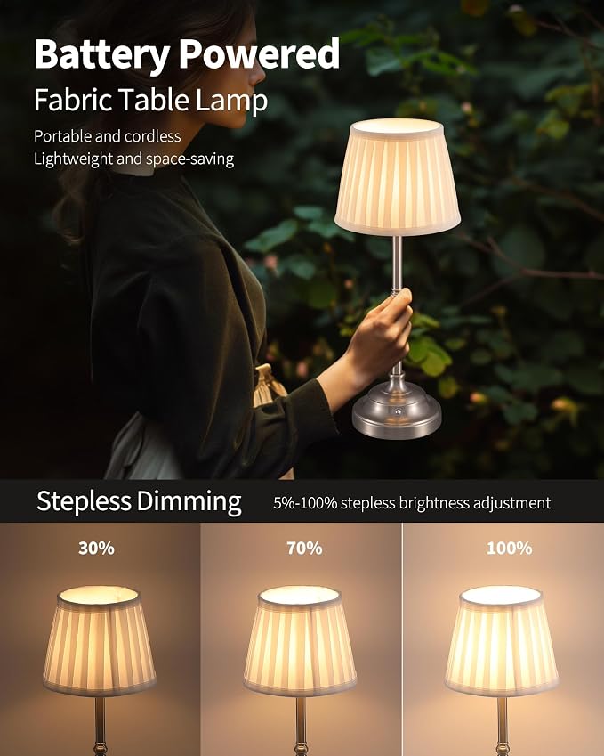 KDG Nickel Cordless LED Table Lamps Set of 2, Green Fabric Shade Desk Lamps | Portable 4000mAh Rechargeable Battery Powered, Dimmable Lighting for Dining Room, Bedroom, Bedside, Night Light, Balcony