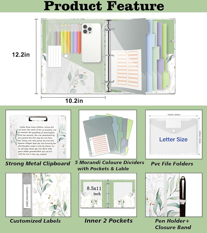 3 Ring 1 Inch Binder Organizer, KLLVE Three Ring Binders with Clipboard, 5 Pocket Divider with tabs, Folder, 18 Divider Stikers, Pen Loop (Leaves, Letter Size)