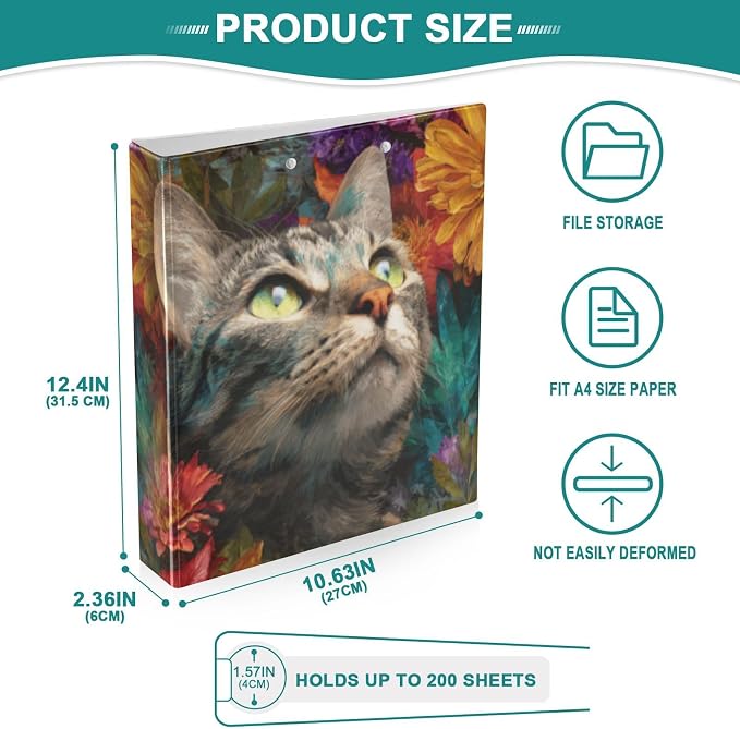 3 Ring Binders 1.5 Inch Clear View Three Ring Binders Versatile Cat in Flower Binder for Work School Office Supply 1 Pack