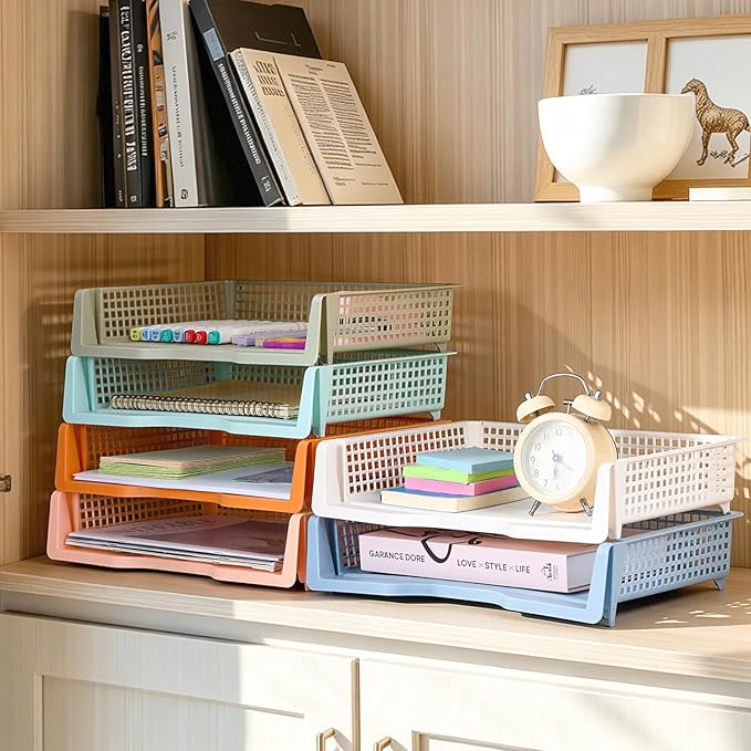 ZZYFGH 6 Pack in Trays for Teachers, Plastic Classroom Paper Organizers, Colorful Storage Baskets for Office, Stackable Office Desktop Document Paper Storage(13.4 * 9.5 * 2.7in)