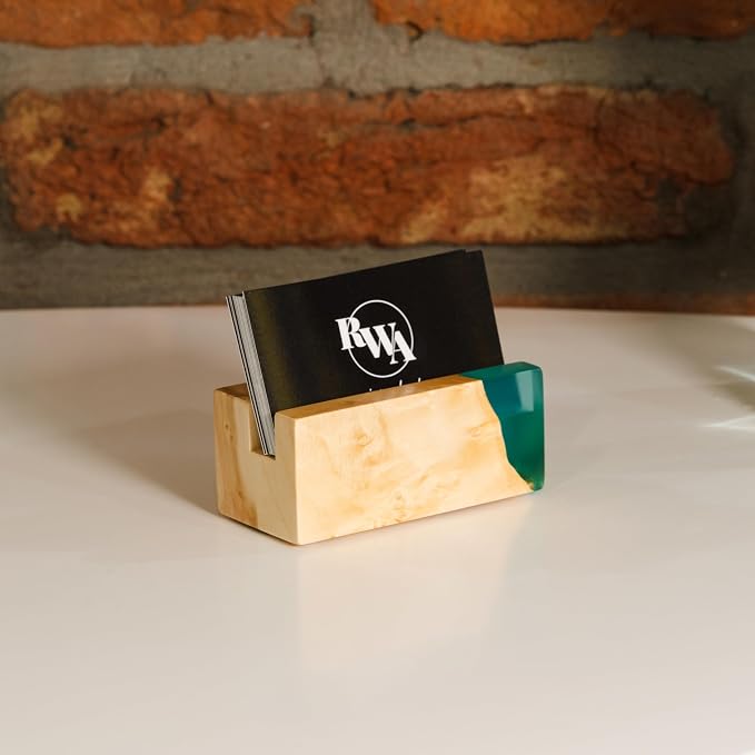 RWA Business Card Holder for Men & Women - Handcrafted Epoxy & Wood, Stylish & Durable Business Card Organizer, Premium Business Card Holders Desk Accessory for Professionals - ELEMENT aqua/maple
