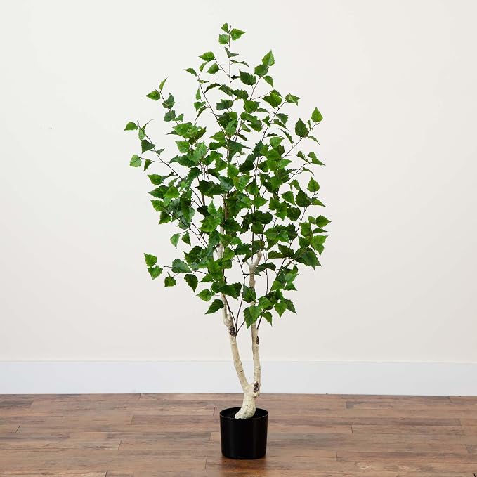Nearly Natural 5 ft Artificial Birch Tree Real-Touch Leaves Floor Plant | Realistic Light-Hued Bark with Flexible Branches, Sturdy Nursery Planter Included, Maintenance-Free Accent for Home or Office
