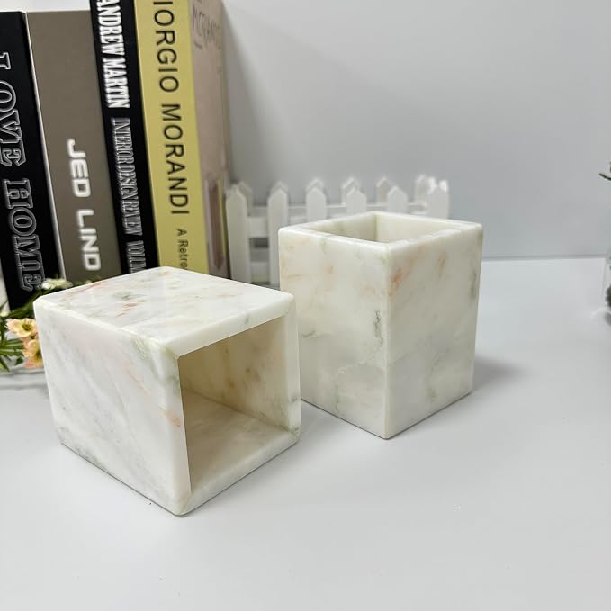Natural Marble Pen Holder, 2.95" x 3.74" Square Hand-Polished Desk Pencil Cup, Multi-Functional Marble Organizer for Makeup Brushes, Kitchen Utensils, Office, Bathroom, Home Decor