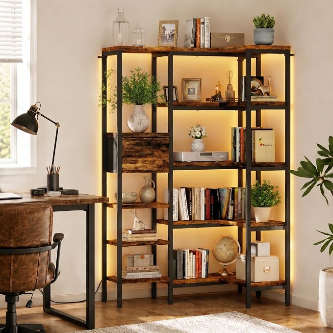 L-Shaped Corner Bookshelf with LED Light Strips & Fabric Drawer, 5-Tier Industrial Convertible Book Shelf Freestanding Display Shelf for Living Room, Home Office, Bedroom (Rustic)
