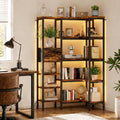 L-Shaped Corner Bookshelf with LED Light Strips & Fabric Drawer, 5-Tier Industrial Convertible Book Shelf Freestanding Display Shelf for Living Room, Home Office, Bedroom (Rustic)