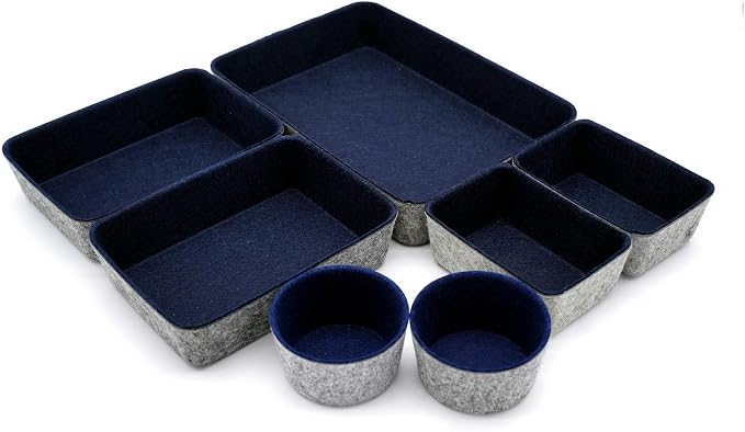 7 Piece Felt Desk Drawer Organizer Storage Bin Navy Catchall Tray | Sustainable material soft yet sturdy,multi-purpose storage, sleek minimalist lifestyle