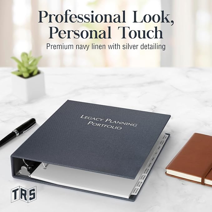 TRS Legacy Planning Portfolio | Important Documents Organizer Binder Kit, Family Emergency Organizer for Medical, Insurance, Passwords & Pets, 1.5" D-Ring with Pre-Labeled Tabs | Charcoal Gray Linen