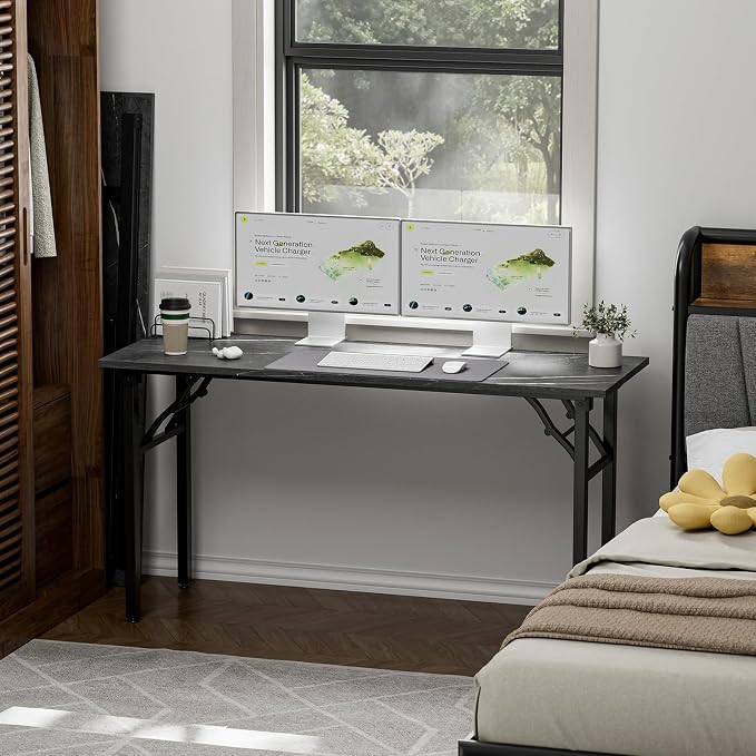 TEMI Small Computer Desk Folding Table - 55.1" Foldable Office Desk, No Assembly, Perfect for Small Spaces in Bedroom, or Apartment, Portable Mini Desk or Study Table Compact Design, Marble Greige