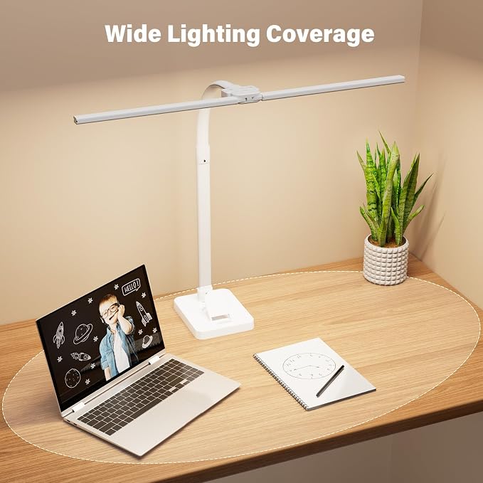 LED Desk Lamp with Base - Bright Dimmable Computer Lamp with Phone Holder, 24W Bendable Desk Light for Monitor Screen, Eye-Caring Tall Desktop Light for Task Home Office Work, White, Dual Head