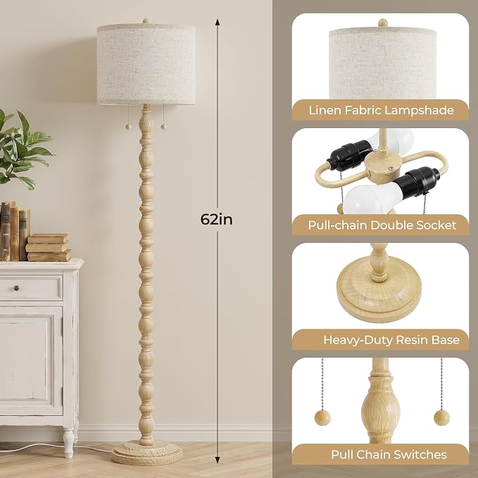 Luvkczc Vintage Floor Lamp for Living Room Bedroom, 62" Retro Standing Lamp with 2 Pull Chain Switches, Corner Lamp for Farmhouse, Includes 9W LED Bulb