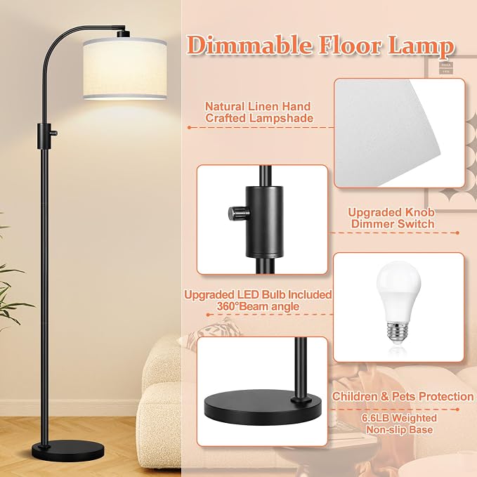 Nintiue Upgraded Modern Arc Dimmable Tall Standing Floor Lamp with White Shade, 1200 Lumens LED Bulb Included, for Living & Reading Room, Bedroom, Office & Nursery, Black