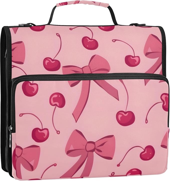 Bow Cherry Pink Zipper Binder Bag 3 Ring Binder with Shoulder Strap Zip Up 500 Sheets Capacity Multi Pockets for School Office Supplies