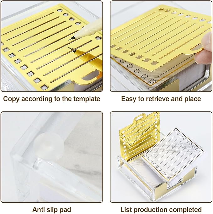 Buqoo Gold Acrylic Sticky Note Holder with Metal Stencil, 2* Sticky Notes | Post It Note Dispenser Sticky Note Pad Holder Organizer for to Do Lists, Grocery Lists