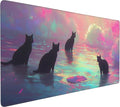 Anime Black Cat Gaming Mouse Pad, Blue Pink Dreamy Desk Mat with Anti-Slip Base & Stitched Edges,35.4" x 15.7" in Table Mat for Computer Desktop, Beautiful Workstation Decor