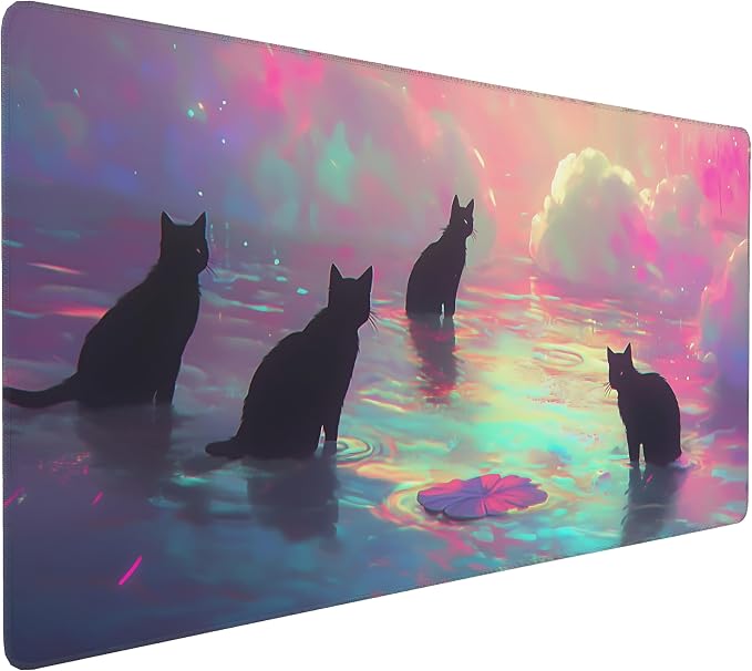 Anime Black Cat Gaming Mouse Pad, Blue Pink Dreamy Desk Mat with Anti-Slip Base & Stitched Edges,35.4" x 15.7" in Table Mat for Computer Desktop, Beautiful Workstation Decor