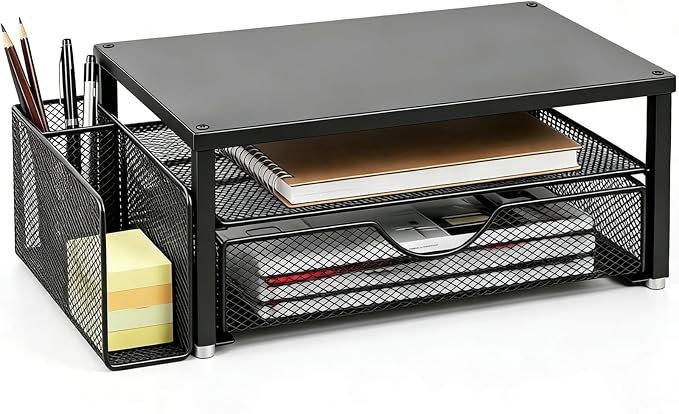 Spacrea Desk Organizer and Accessories, Computer Monitor Stand Riser with Drawer and 1 Open Pen Holder, Printer & Laptop Stand, Office Desk Accessories for Home Office Supplies (Black)