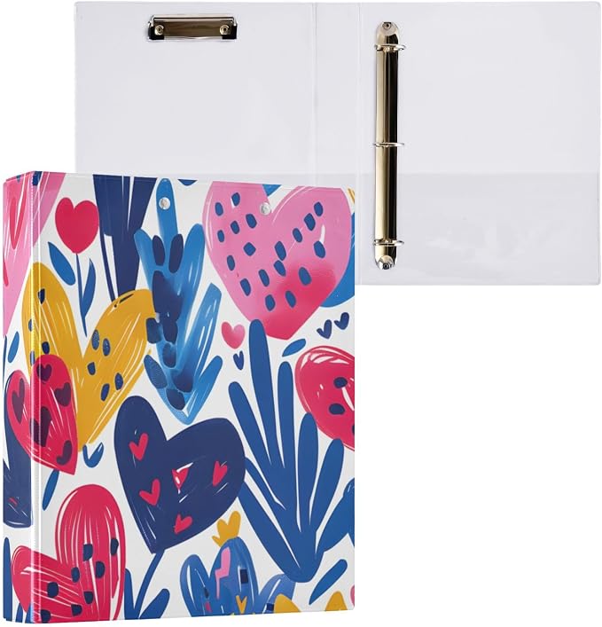 3 Ring Binder Heart Plant Grass Pattern 1.5 inch Binders Three Ring Binders with Clipboard Fit 8.5'' x 11'' Paper 3 Interior PVC Clear Pockets for Office Supplies