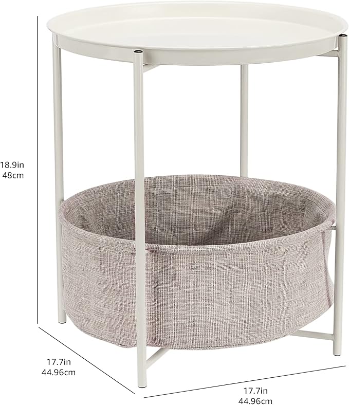 Amazon Basics Round Storage End Table, Nightstand with Cloth Basket, Bedside Table, White/Heather Gray, 17.7" L x 17.7" W x 18.9" H