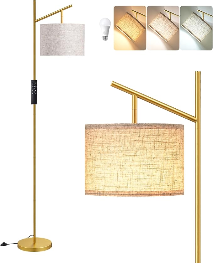 EDISHINE 64.7IN Gold Floor Lamp for Living Room with Remote, Standing Lamp | Dimmable Bulb Included, 5CCT, Foot Switch, Adjustable Head, Minimalist for Bedroom, Living Room, Office