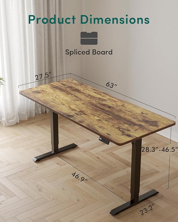 CubiCubi 63x28 Large Electric Standing Desk, 28" Deep Desktop, Rustic Brown | Wide Surface, Sit to Stand, Computer Workstations, Home Office Desk, Next-Gen Frame, Advanced Motor, 176 lbs Capacity