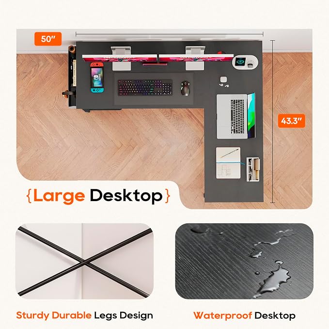 FDW 50 Inch L-Shaped Desk,Gaming Desk Computer Desk with Side Storage Bag & CPU Stand,Corner Desk for Home Office,Bedroom,Writing & Gaming,Black